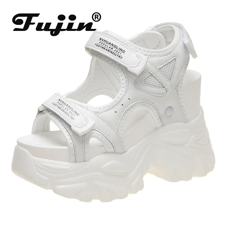 

Fujin 10.5cm Women Summer Shoes Wedge Sandals Platform Hookloop Slides Casual Slippers Shoes for Female Leather Zapatos Mujer