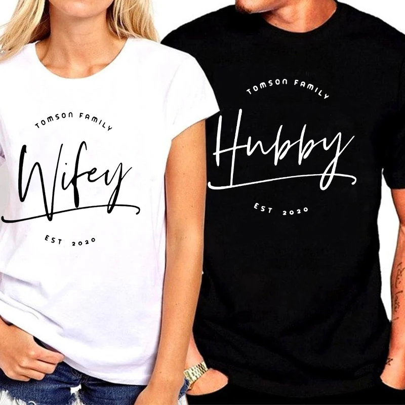 

Wifey Hubby Last Name Year Personalized Honeymoon Shirts Couples Honeymoon Shirt Unisex Short Sleeve T-Shirt Husband Wife Tee L