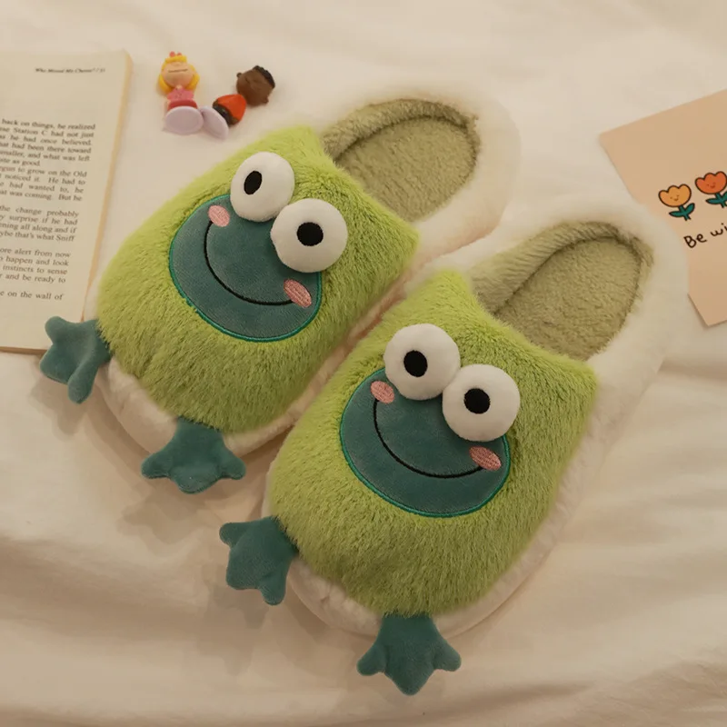 

Women Slippers Men Home Floor Shoes Cute Frog Keep Warm Soft Plush Couples Indoor Slides Ladies Cotton Footwear 2022 Winter