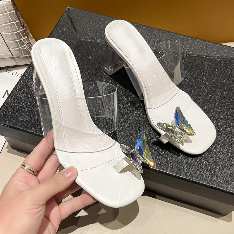 

Sexy Women's High Heels 2022 Summer New Fashion Rhinestone Butterfly Sequin Muller Shoes Transparent Banquet High-heeled Sandals