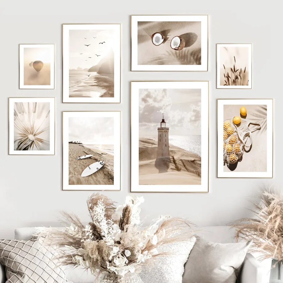 

Бежевая пляжная доска для серфинга кокосовый лимон Одуванчик скандинавский плакат настенный художественный Принт Холст Картина настенные...