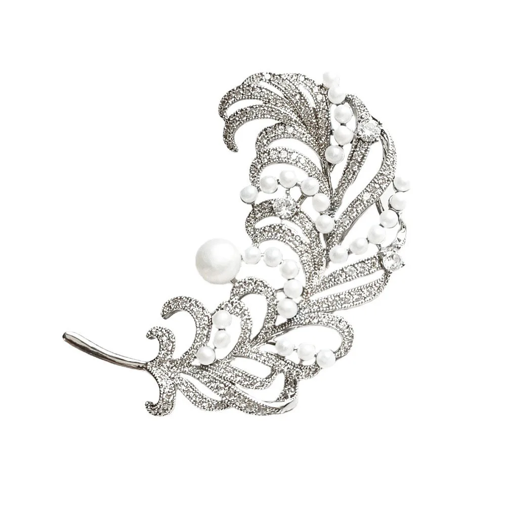 OKILY Heavy Duty Handmade Freshwater Pearl Feather Brooch Exquisite Zircon Feather Leaves Unisex Suit Pin Jewellery Ornament