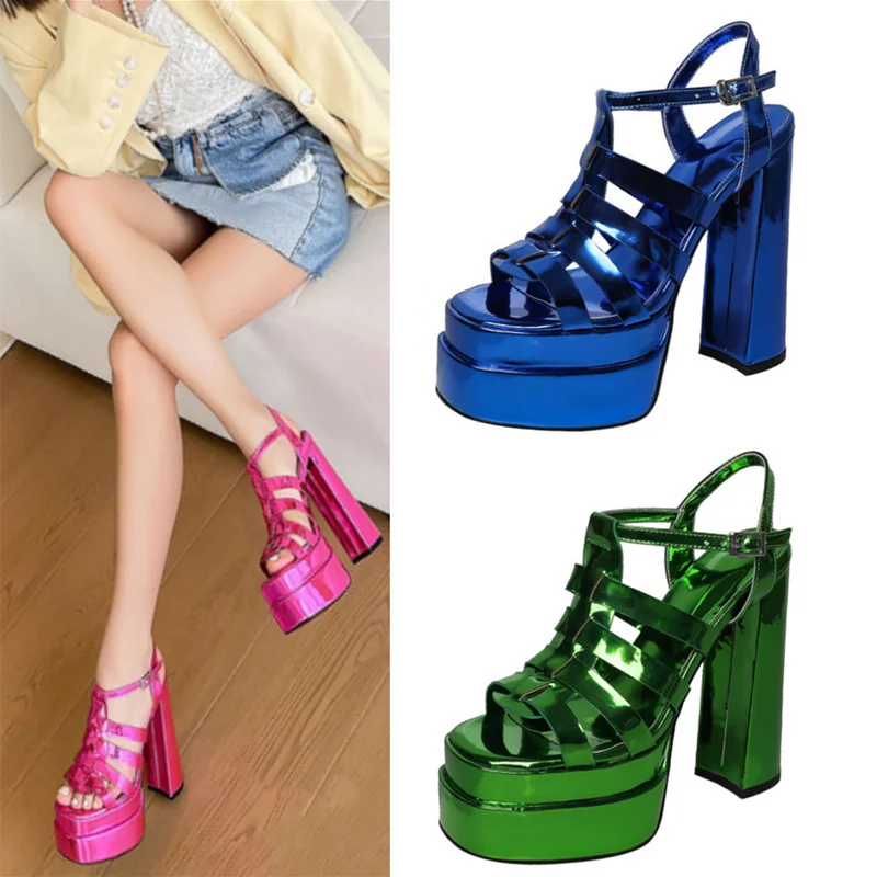2022 Summer New Thick Heel Waterproof Platform Mirror Roman Sandals Women's Thick-Soled Sexy High-Heeled Shoes