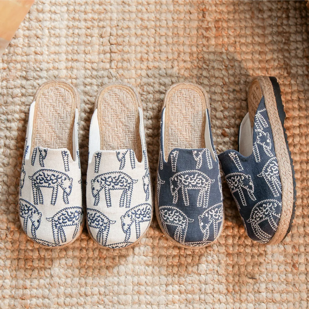 Women Casual Linen Handmade Embroidery Mules Flat Slippers Retro Vegan Summer Ladies Canvas Comfortable Espadrille Shoes