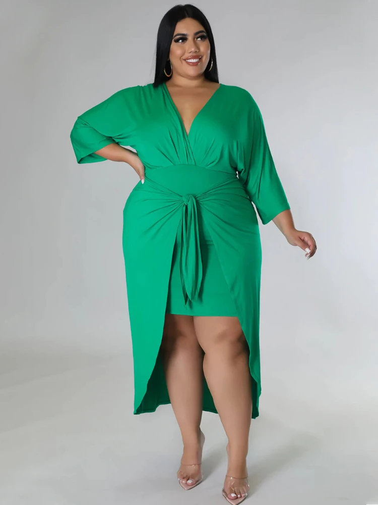 Plus Size Green Women Elegant Sexy V Neck Dress with Sashes Irregular High Waist Vestidos African Midi Length Package Hip Dress