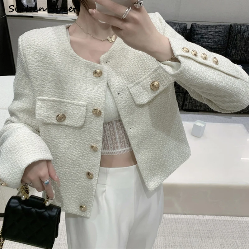 

Vintage Apricot Tweed Jackets Women Cropped Tops 2023 Spring Autumn Golden Button Wool Coat Women Business Outerwear Chic Korean