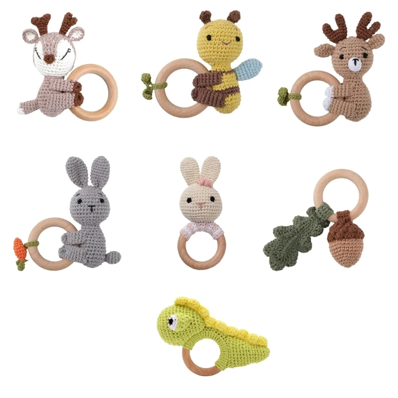 

D7WF Wooden Baby Cartoon Dinosaur Baby Teething Toy for Visual Sensory Stimulation Rings Pendants Boho Style 0-12 Month