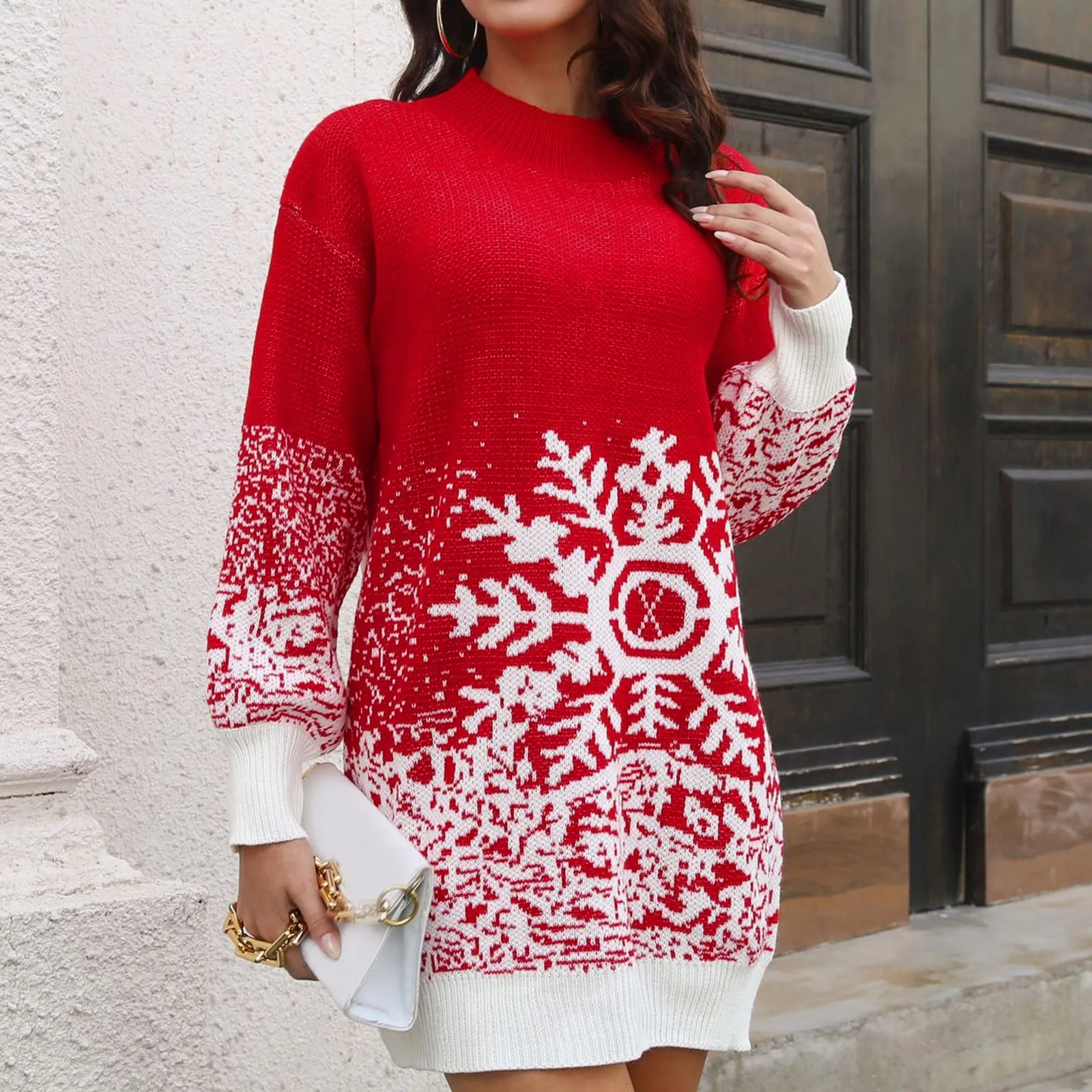 

Рождественское платье для женщин, с градиентным принтом снежинок, с круглым вырезом, макси короткие свободные платья-пуловеры с длинным рук...