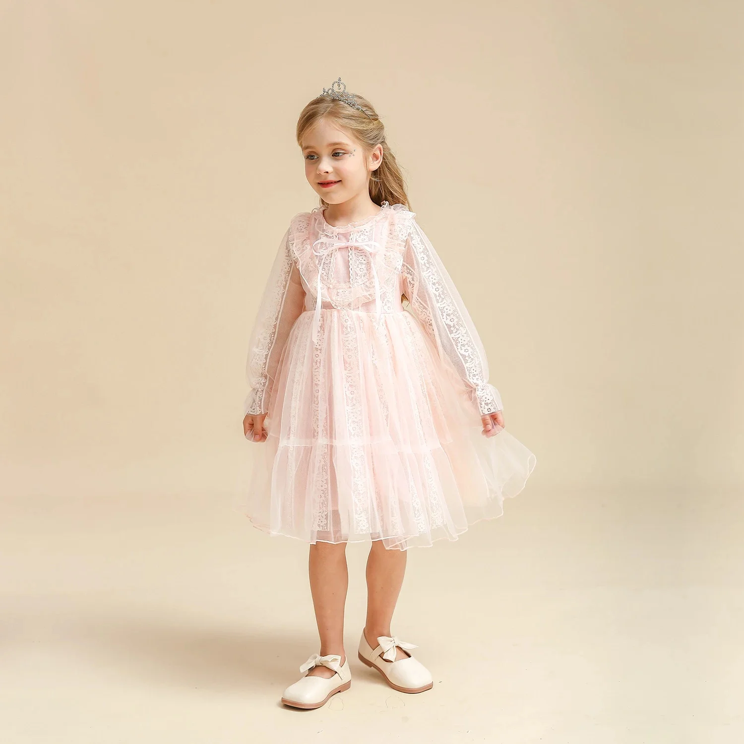 

Light Pink Full Illusion Sleeves Flower Girl Dresses Bow Custom Made Knee Length Photoshoot Prom Dress