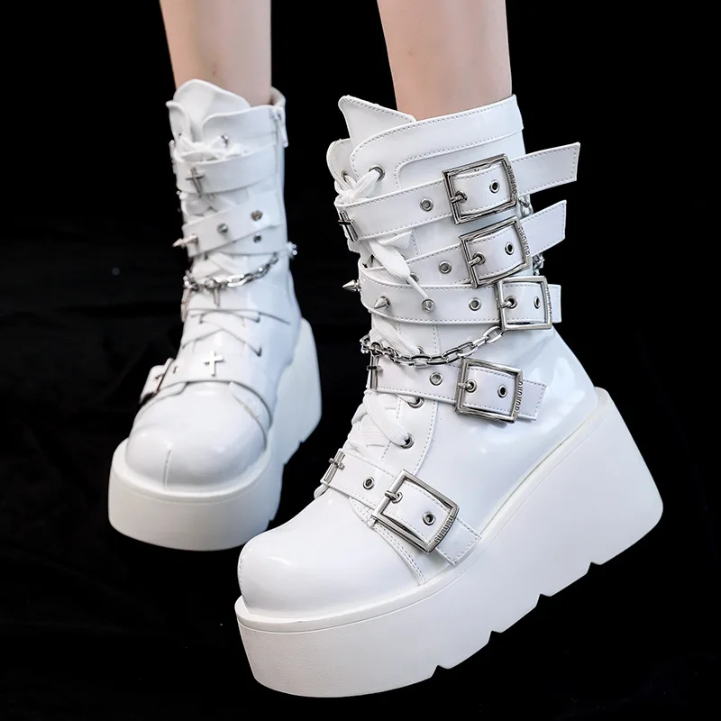 Women Ankle Boots Punk Chunky High Heel Wedge Platform Metal Rivet Decoration Female Pumps Gothic Harajuku Belt Buckle Lady Shoe