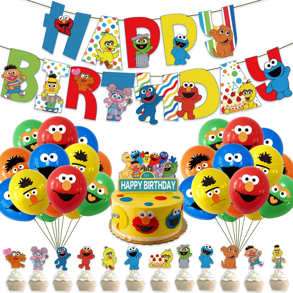 

Sesame Street Themed Birthday Party Decorations Paper Banner Pull Flag Cake Insert Card Balloon Set