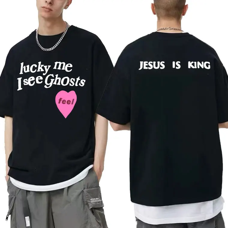 

Lucky Me I See Yhosts Feel Jesus Is King Letter Logo Print Tshirt Kanye West Rapper Tee Shirt Summer Men Women Hip Hop T-shirts