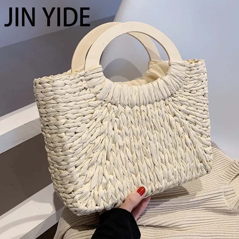 

Wooden Handle Straw Bags for Women Handmade Woven Top-handle Bag Vacation Seaside Beach Bag Basket Casual Shopping Totes Basket
