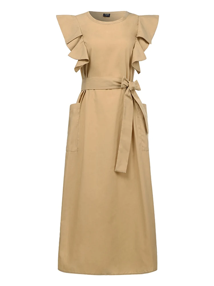 VONDA 2023 Stylish Women Y2K Bohemian Party Vestido Ruffle Maxi Long Sundress With Belt Oversized Summer Robe Sleeveless Dresses - купить по