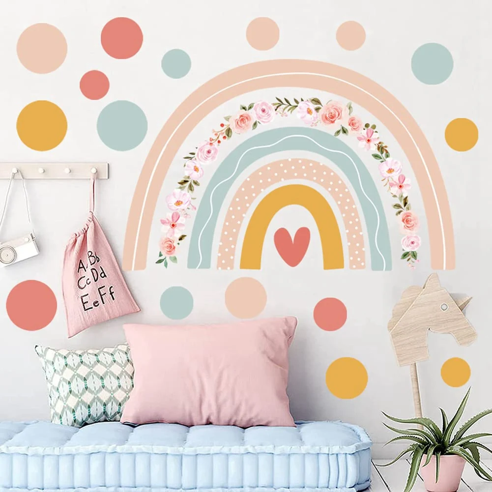 Большие радужные Цветочные наклейки на стену в горошек стиле бохо виниловые для
