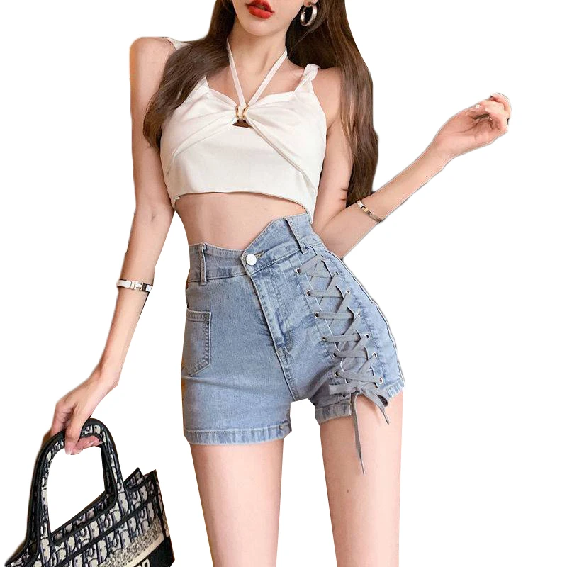 Korean Fashion Summer Women's Denim Shorts Show Thin Cross Bandage Design Sense High Waist Shorts A-line Hot Pants Women Clothes