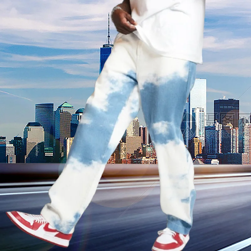 Loose Straight Jeans Men Tie Dye Print Sky Blue Denim Trouser High Quality Black Casual Pants Hip Hop Baggy Jeans Men