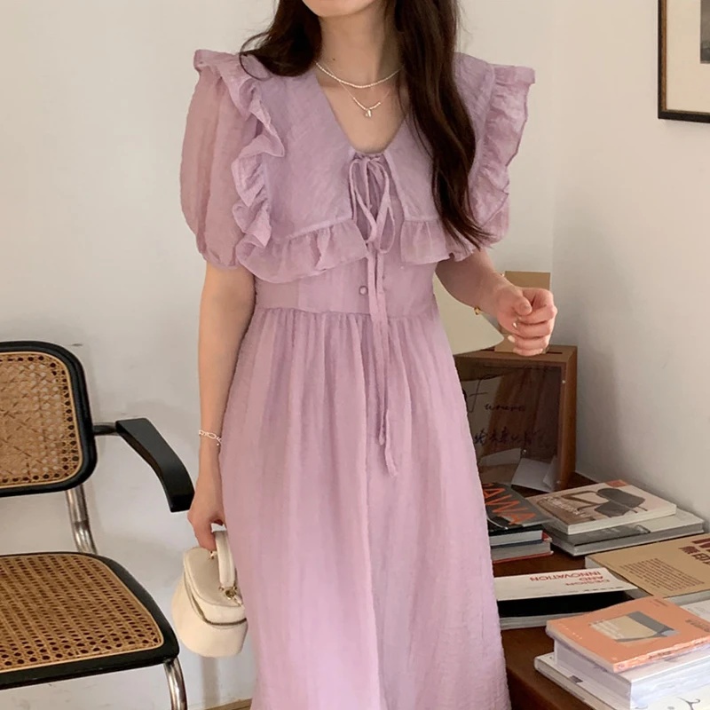 

Летнее нежное и милое длинное платье Taro фиолетовое кукла с галстуком узкое женское платье