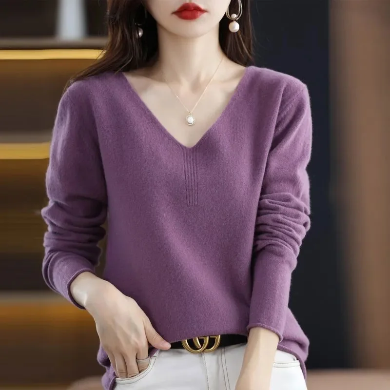 Женские свитера весна-осень 2024 вязаные пуловеры с V-образным вырезом свободная