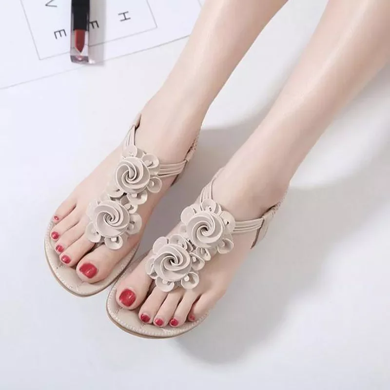

NEW IN Beach Sandal Shoes Woman Sandals 2022 Solid Color Flip Flop Flower Summer Flat Sandals Ladies T-Strap Zapatos Mujer