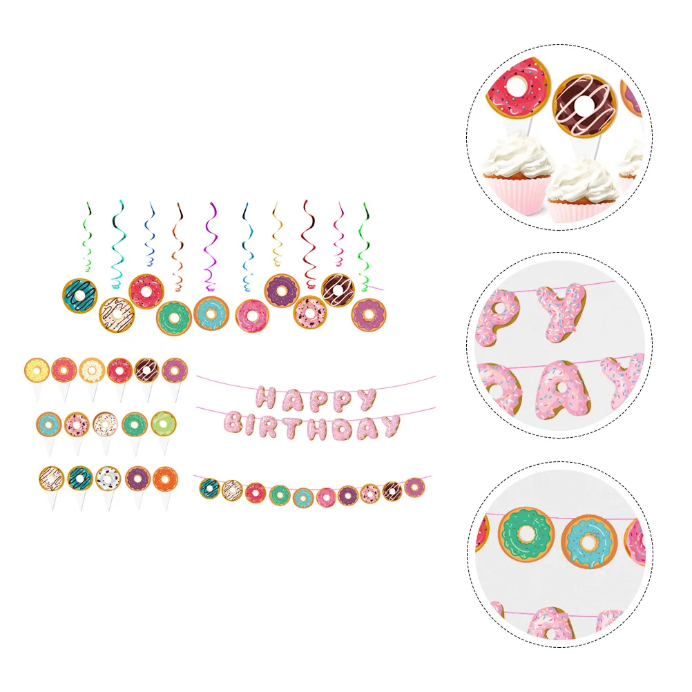 

1 Set of Birthday Party Banners Toppers Donut Pattern String Flags Kit Decor