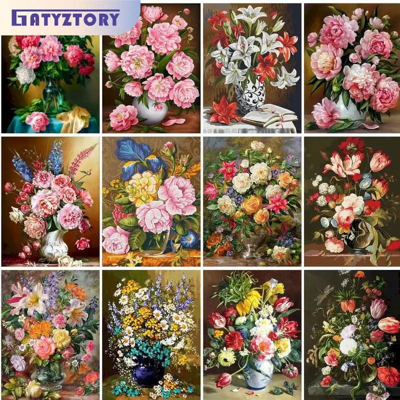 

GATYZTORY Diamond Embroidery Flowers in vase Kit 5D Diamond Painting Garden Flower Mosaic Needlework Pictures For The Home