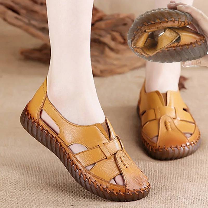 Summer Flat Sandals Woman Big Size 42 43 Round Toe Genuine Leather Thick Sole  Manual Suture Mom Hollow Sandals Casual Sneakers