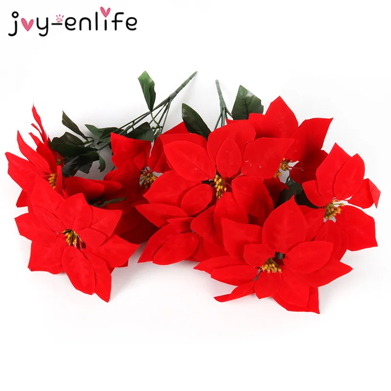 

1pcs Real Touch Flannel Artificial Big Red Flowers Head Bouquet Christmas Red Poinsettia Bushes Bouquets Christmas Tree Ornament
