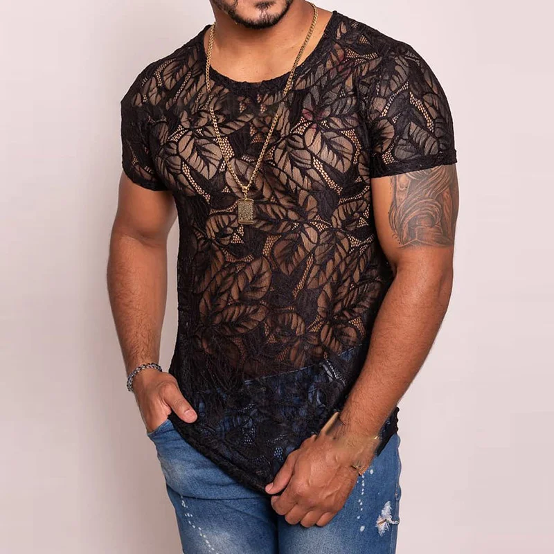 

2022 Summer Men Sexy See Through Slim Tops Vintage Jacquard Print Short Sleeve O Neck Pullover Mens Fashion T-shirt Streetwear