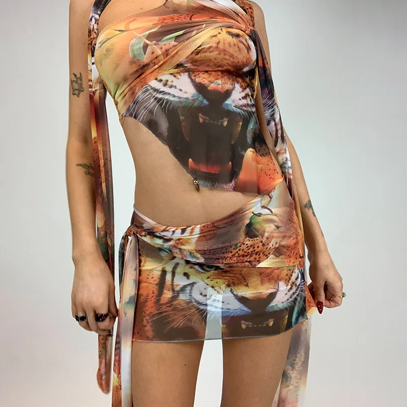 

Tiger Print Irregular Bandage Camisole Crop Tank Top Vest + Wrap Bodycon Skirt 90s Vintage Harajuku Two Piece Set Women Outfits