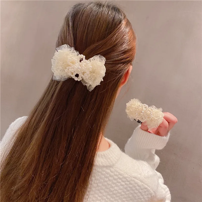

Sweet lace bow pearl hairpin spring style all-match pearl flower hair ring tie head rope female meatball hair accessories