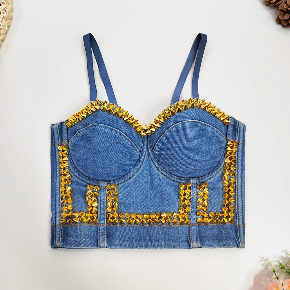 

Denim Blue Camisole Designer Gold Bullet Beaded Chest Cup-Style Fashion Party Club Hot Girl Corset Breast Shaper Top In Stock