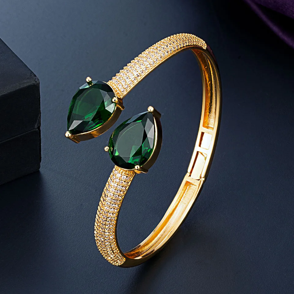 

Zlxgirl Fashion Green Water Drop Zirconia Copper Bangle Wedding Party Brand Gold Engagement DUBAI Couple Bracelet accessory