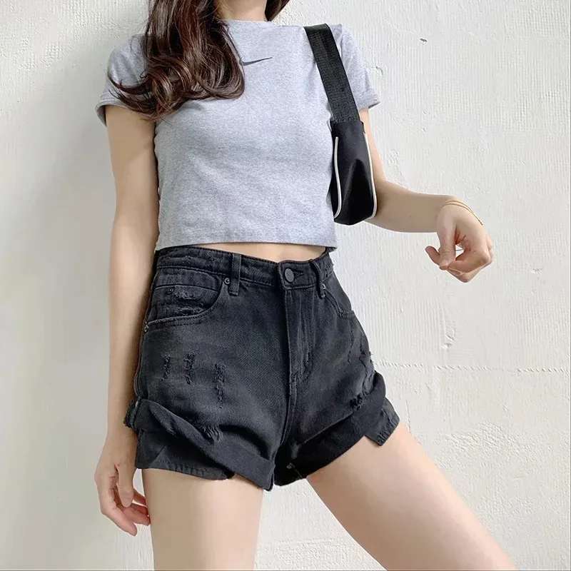 2021 Friction Flanging Pocket High Waist Denim Shorts Women Summer Trend Korean Harajuku Casual Short Jeans Female Streetwears