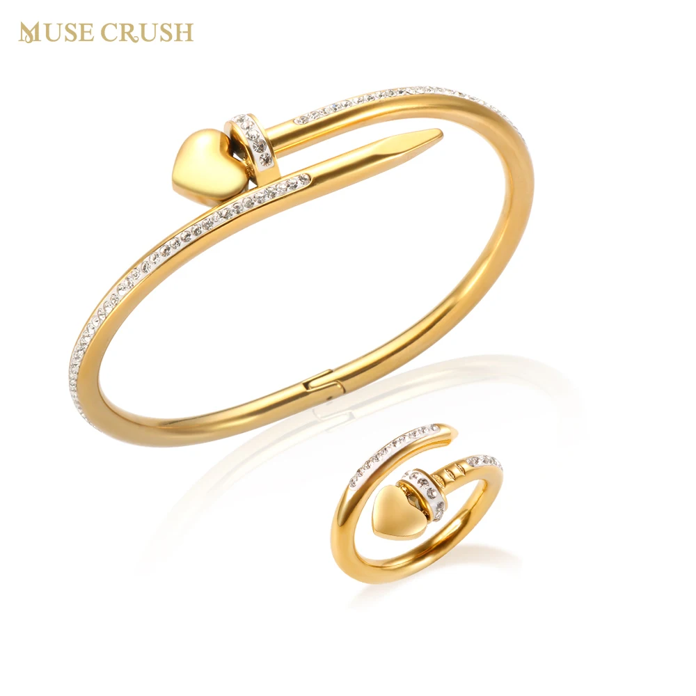

Muse Crush Luxury Cubic Zirconia Crystal Bracelet Ring Set Stainless Steel Bangle Ring Jewelry Set for Woman Love Wedding Gift