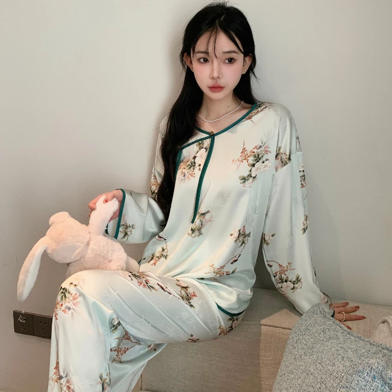 2023 Pajamas for Women's Summer Chinese National Style Sleepwear Suit Round Neck Disc Buckle Home Service Breathable Loungewear