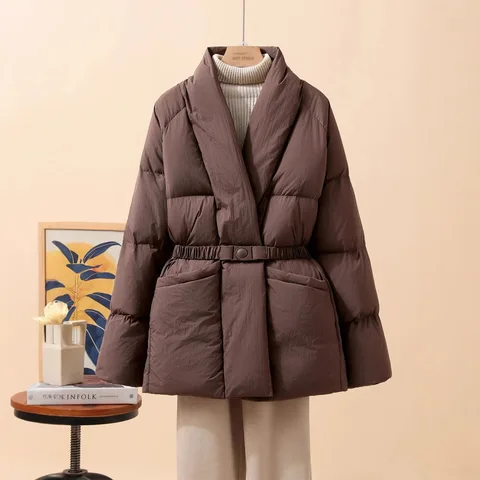 Новое модное темпераментное хлопковое пальто, женское зимнее теплое однотонное пальто с v-образным вырезом и присборенной талией, парки с поясом