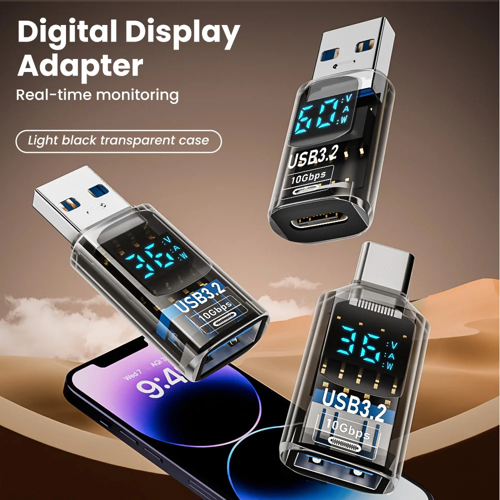 Адаптер USB Type C 60 Вт 3.2 с цифровым дисплеем мама на тип c папа для быстрой зарядки