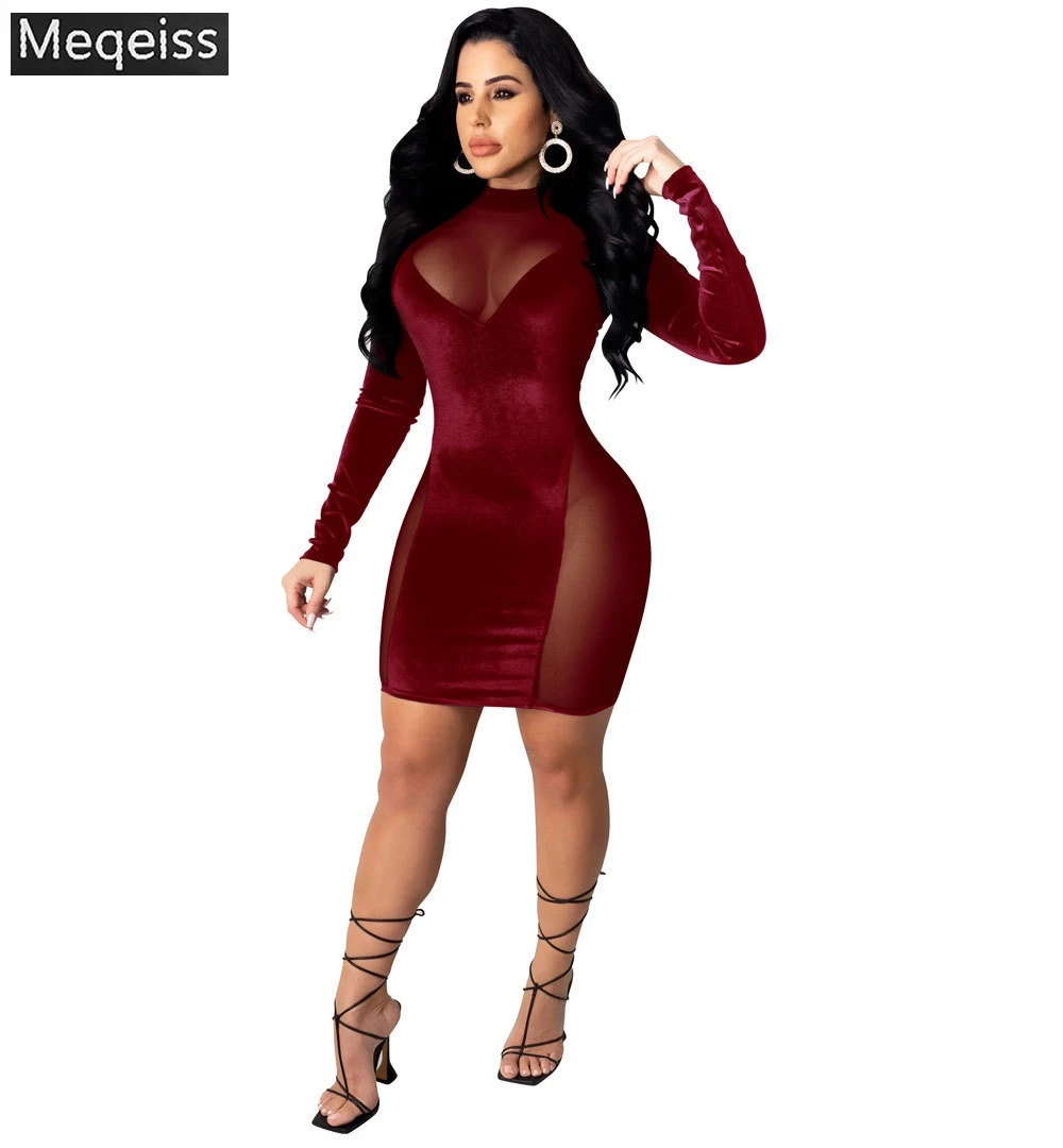 

Meqeiss, новинка весны 2022, сексуальное женское прозрачное бархатное Сетчатое облегающее мини-платье с круглым вырезом, сексуальные платья для ...