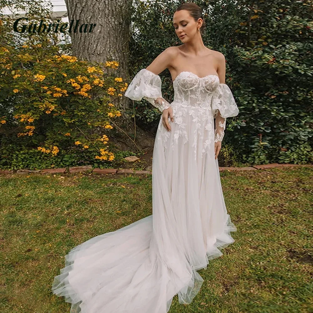 

Gabriellar Wedding Bridal Dress Tulle Strapless Appliques Detachable Sleeve Backless Button A-line Abito Da Sposa Customized
