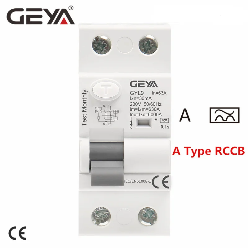 GEYA GYL9 A Type RCD Прерыватель Цепи при утечке на землю AC ELCB 2 Pole 40A 63A 30mA 100mA 300mA RCD RCCB
