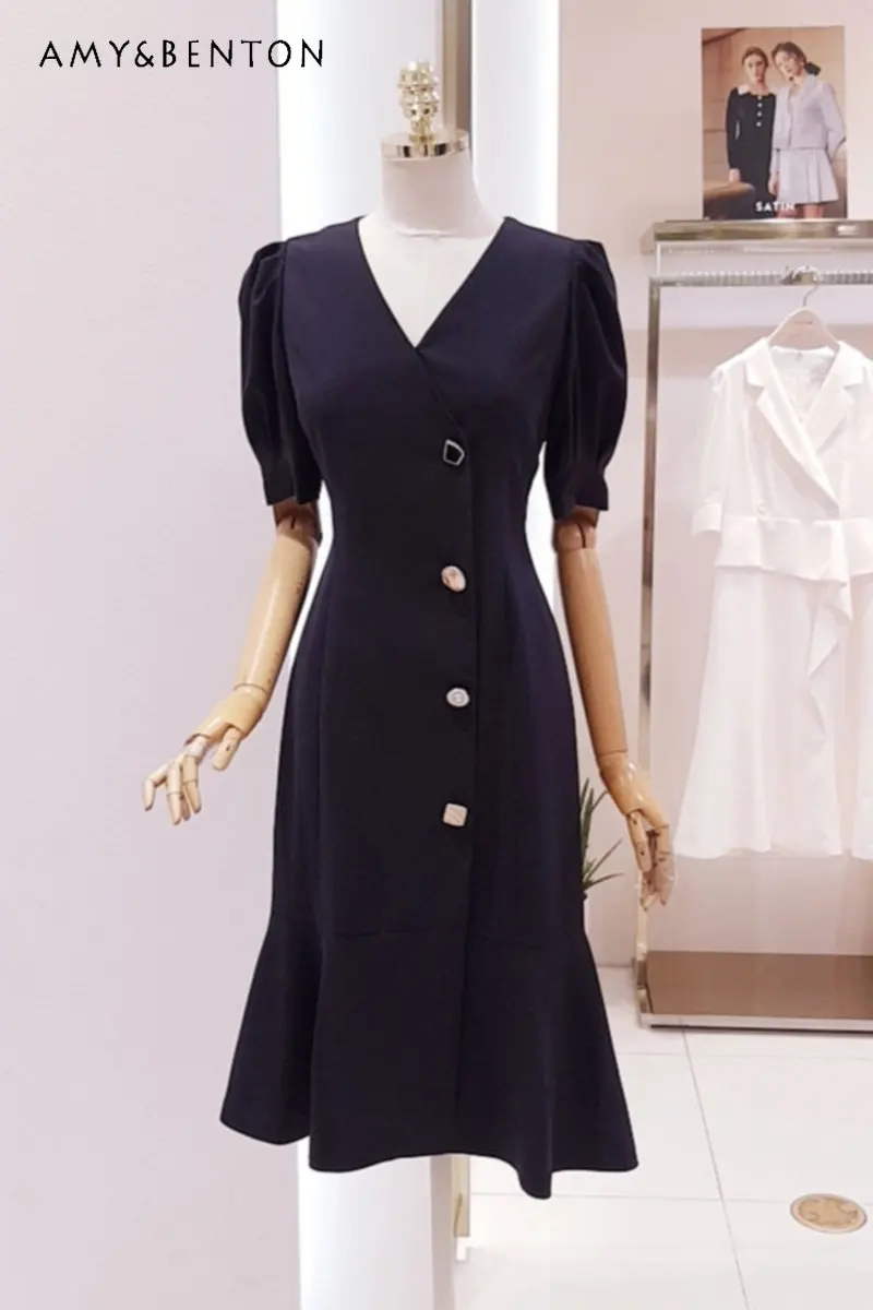 Elegant Fashion Puff Short Sleeve V-neck Fishtail Dress Summer New Design Sense Niche Gentle Wind Mid-length Dress for Women