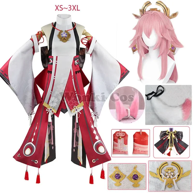 

Парик для косплея Genshin Yae Miko, костюм для косплея розового цвета, амулет Yae Miko Pluffy Tail Ears