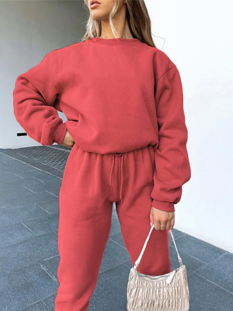

Sweatshirts Set Woman 2 Pieces Pants Solid Color Long Sleeve Top Pullover Autumn Winter Tracksuit Female Cozy Casual Outfits