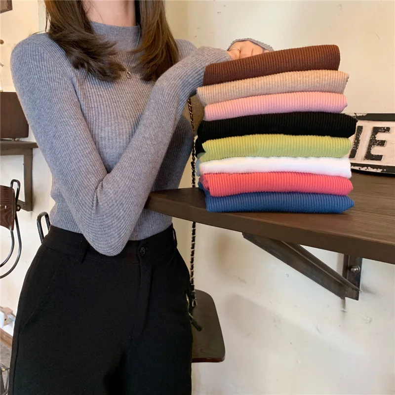 

Knitting Sweater Pullovers Women Long Sleeve Tops Turtleneck Knitted Sweater Chic Women Clothes Female Candy Bottom Shirt