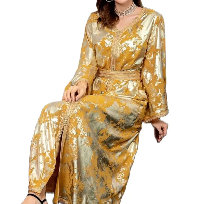 

Gold Print Long Dress Abaya for Women's Moroccan Caftan Belted Lined Chiffon Muslim Islam Dubai Arab Party Kaftan Ramandan