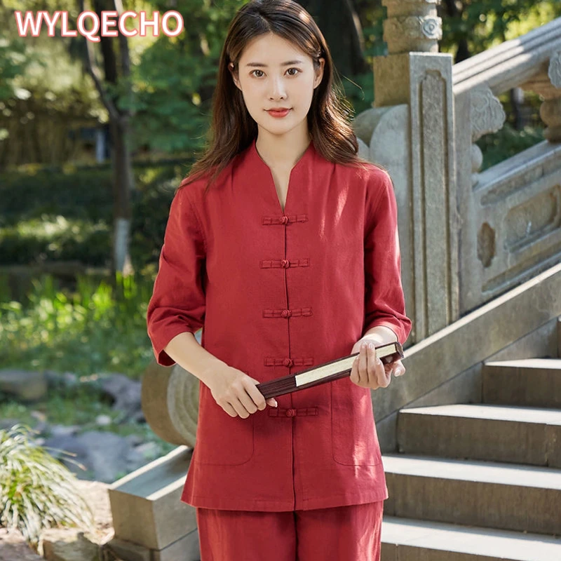 Женский китайский традиционный костюм Тан 2023 льняной кардиган дзен-чай ханьфу