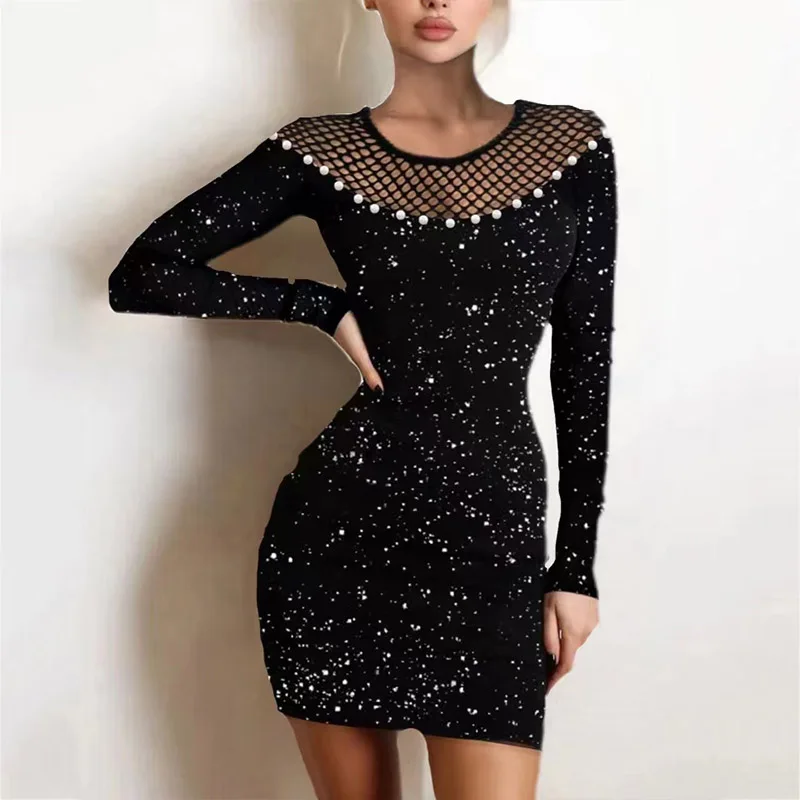 

New Sexy Bodycon Shiny Silk Party Dress Fashion Mesh Patchwork Long Sleeve Mini Dress Women Elegant Hollow Out Dress