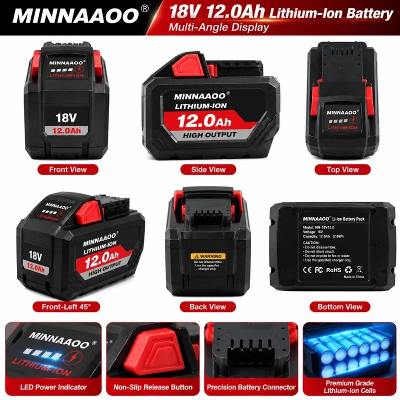Фото Аккумуляторная батарея Milwaukee M18 18В 12.0Ач, литий-ионная, перезаряжаемая, высокой емкости, для беспроводных электроинструментов №3