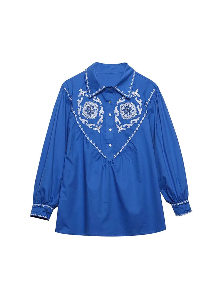 

YLJHQX Women Fashion Flowy Embroidered Cotton Shirt Vintage Long Sleeve Button-up Blouse Blusas Chic Top
